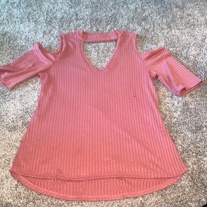 Woman’s top size(M). Rose color, shoulders cut out, short sleeve. Brand(takara)
